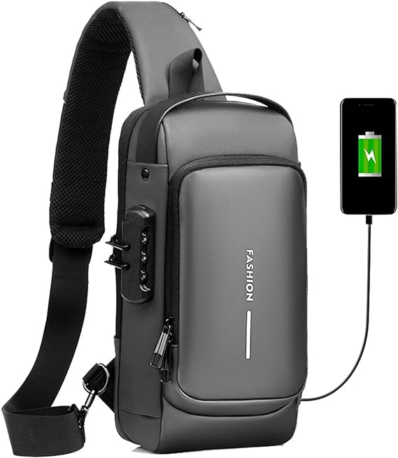 Ponchete de Ombro Crossbody Antifurto com Carregamento USB e Fibra de Carbono | Preta